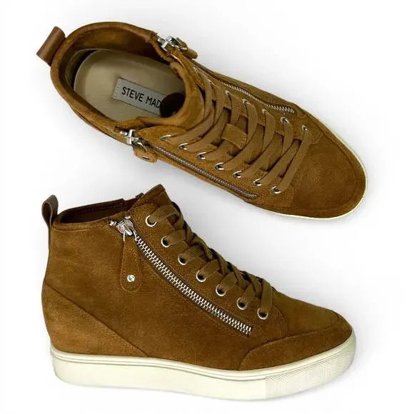 Steve Madden Women's Cornell Hidden Wedge High Top Sneaker Size 8.5 Cognac Suede - Picture 12 of 12